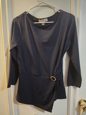 Michael Kors Navy Long-Sleeve Wrap-Detail Top with Gold Ring